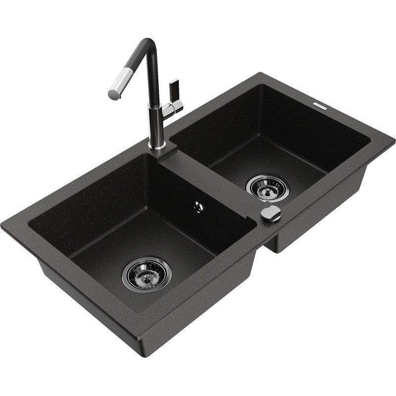 Mexen Mario 2-bowl granite sink with Flora kitchen faucet, black/gold metallic - 6504-75-670401-07-B