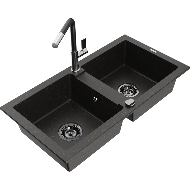 Mexen Mario 2-compartment granite sink with a kitchen mixer tap Flora, Black/Gold metallic - 6504-75-670401-07-B