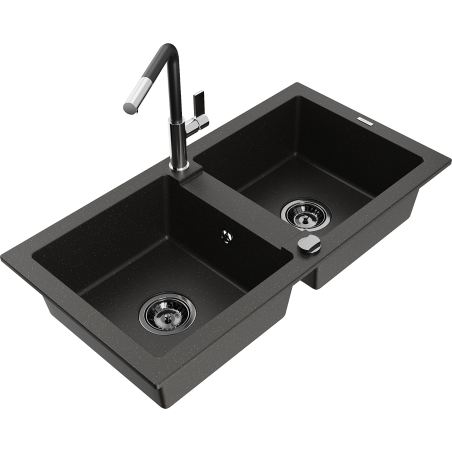 Mexen Mario 2-bowl granite sink with Flora kitchen tap, black/gold metallic - 6504-75-670401-07-B