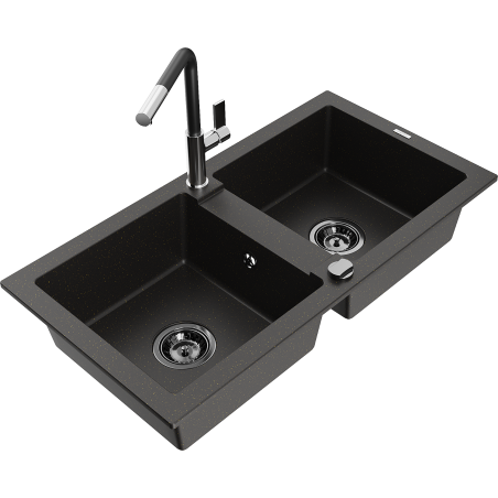 Mexen Mario granite double-bowl sink with Flora kitchen faucet, black/gold metallic - 6504-75-670401-07-B