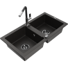Mexen Mario 2-bowl granite sink with Flora kitchen faucet, black/gold metallic - 6504-75-670401-07-B