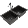 Mexen Mario granite double-bowl sink with Flora kitchen faucet, black/gold metallic - 6504-75-670401-07-B