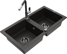 Mexen Mario 2-bowl granite sink with Flora kitchen faucet, black/gold metallic - 6504-75-670401-07-B