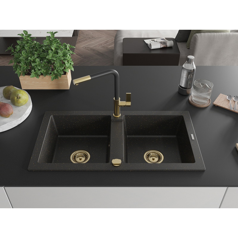 Mexen Mario 2-chamber granite sink with Flora kitchen faucet, black/gold metallic - 6504-75-670401-57-G