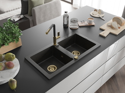 Mexen Mario granite sink 2-bowl with Flora kitchen tap, black/gold metallic - 6504-75-670401-57-G
