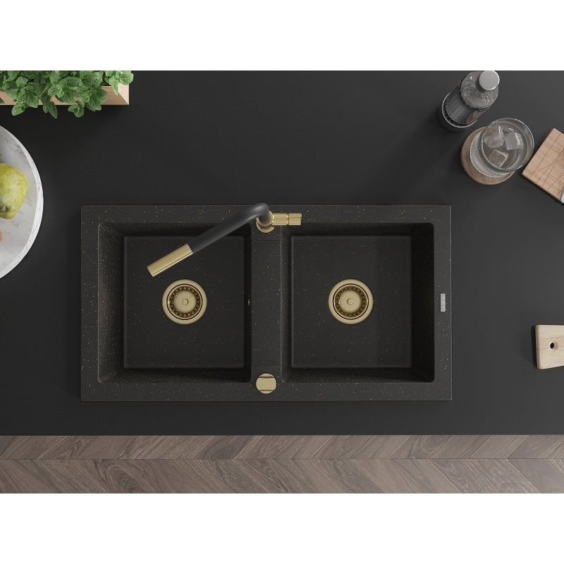 Mexen Mario 2-chamber granite sink with Flora kitchen faucet, black/gold metallic - 6504-75-670401-57-G