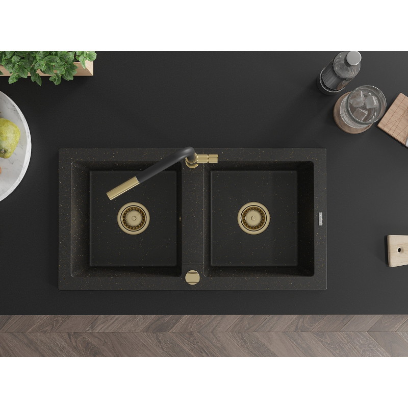 Mexen Mario Granite Double-Bowl Sink with Flora Kitchen Faucet, Black/Gold Metallic - 6504-75-670401-57-G