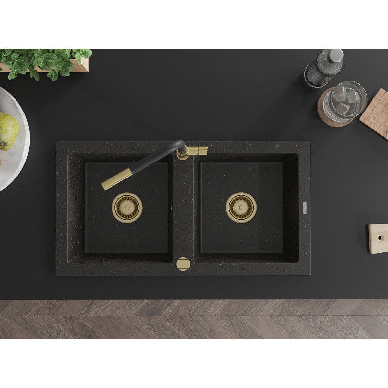 Mexen Mario granite sink 2-bowl with Flora kitchen tap, black/gold metallic - 6504-75-670401-57-G