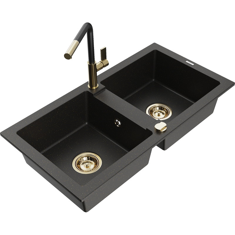 Mexen Mario 2-chamber granite sink with Flora kitchen faucet, black/gold metallic - 6504-75-670401-57-G