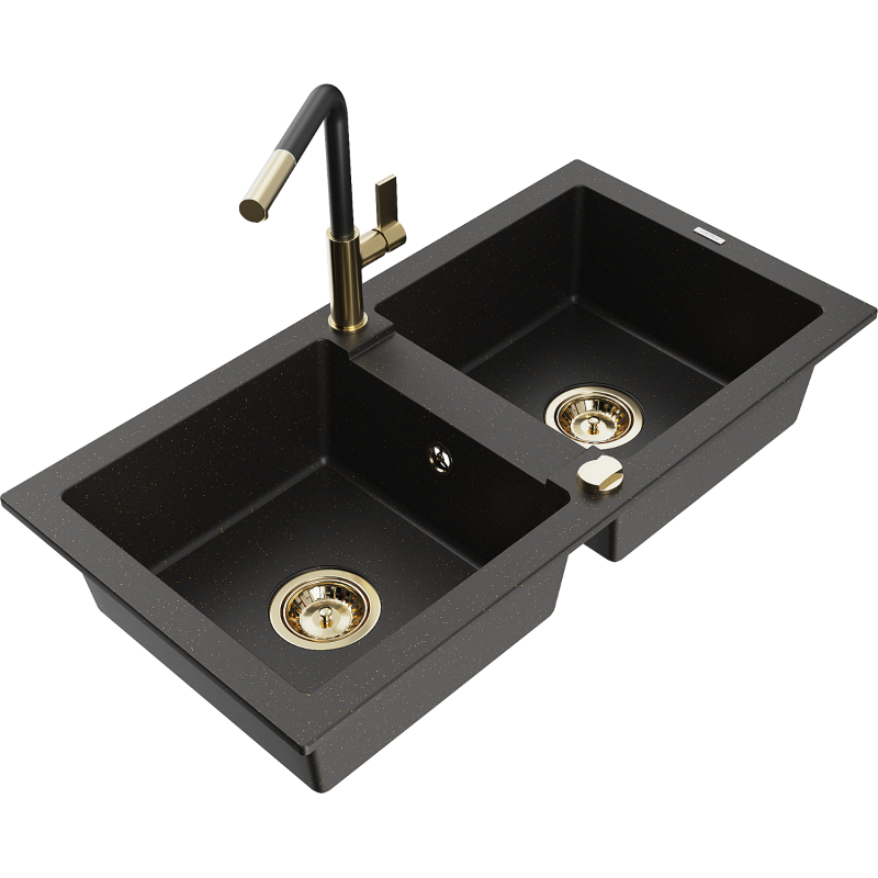 Mexen Mario 2-compartment granite sink with a kitchen mixer tap Flora, Black/Gold metallic - 6504-75-670401-57-G