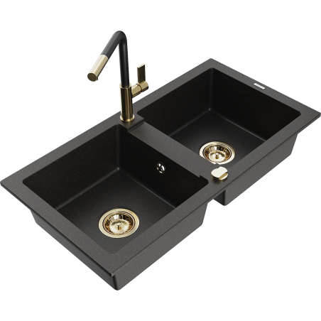 Mexen Mario granite sink 2-bowl with Flora kitchen tap, black/gold metallic - 6504-75-670401-57-G