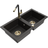 Mexen Mario 2-chamber granite sink with Flora kitchen faucet, black/gold metallic - 6504-75-670401-57-G
