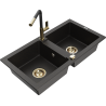 Mexen Mario Granite Double-Bowl Sink with Flora Kitchen Faucet, Black/Gold Metallic - 6504-75-670401-57-G