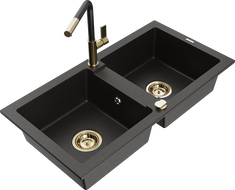 Mexen Mario Granite Double-Bowl Sink with Flora Kitchen Faucet, Black/Gold Metallic - 6504-75-670401-57-G