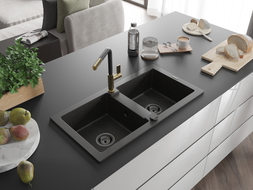 Mexen Mario granite kitchen sink 2-bowl with Flora kitchen faucet, black/gold metallic - 6504-75-670401-57-B