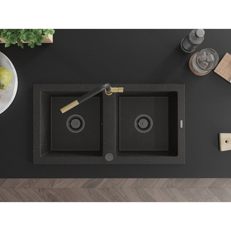 Mexen Mario 2-bowl granite sink with Flora kitchen faucet, black/gold metallic - 6504-75-670401-57-B