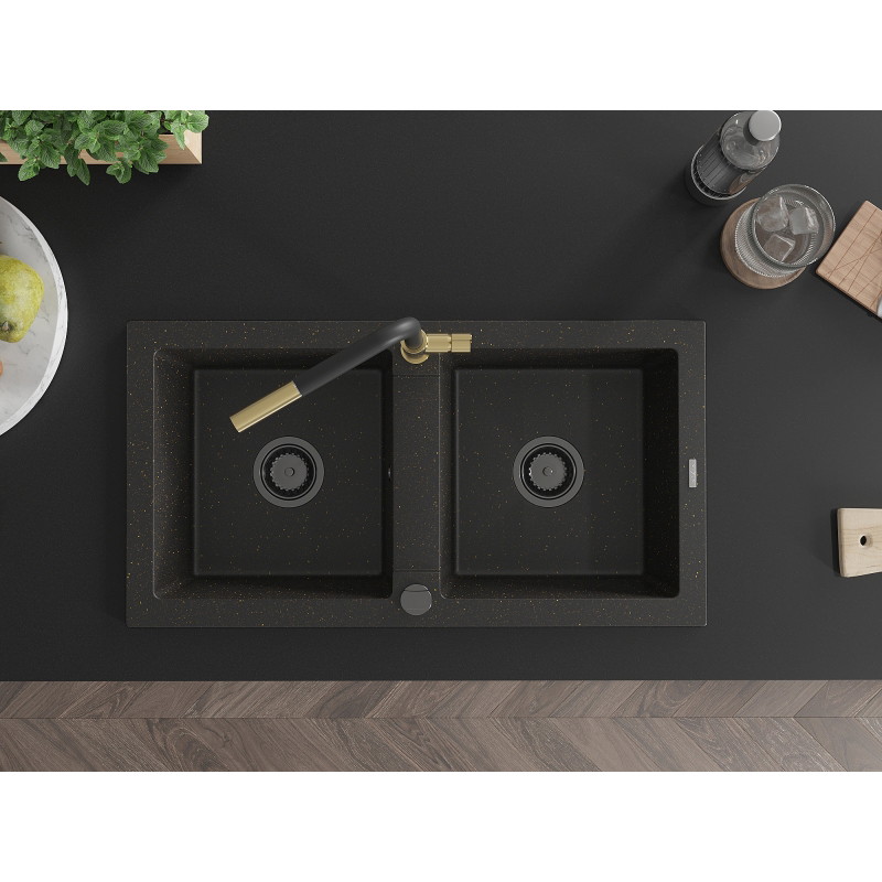 Mexen Mario granite kitchen sink 2-bowl with Flora kitchen faucet, black/gold metallic - 6504-75-670401-57-B