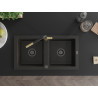 Mexen Mario granite kitchen sink 2-bowl with Flora kitchen faucet, black/gold metallic - 6504-75-670401-57-B