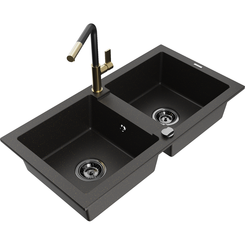 Mexen Mario 2-compartment granite sink with a kitchen mixer tap Flora, Black/Gold metallic - 6504-75-670401-57-B