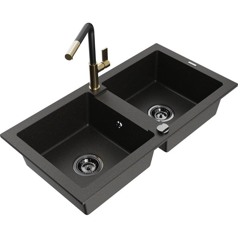 Mexen Mario granite kitchen sink 2-bowl with Flora kitchen faucet, black/gold metallic - 6504-75-670401-57-B