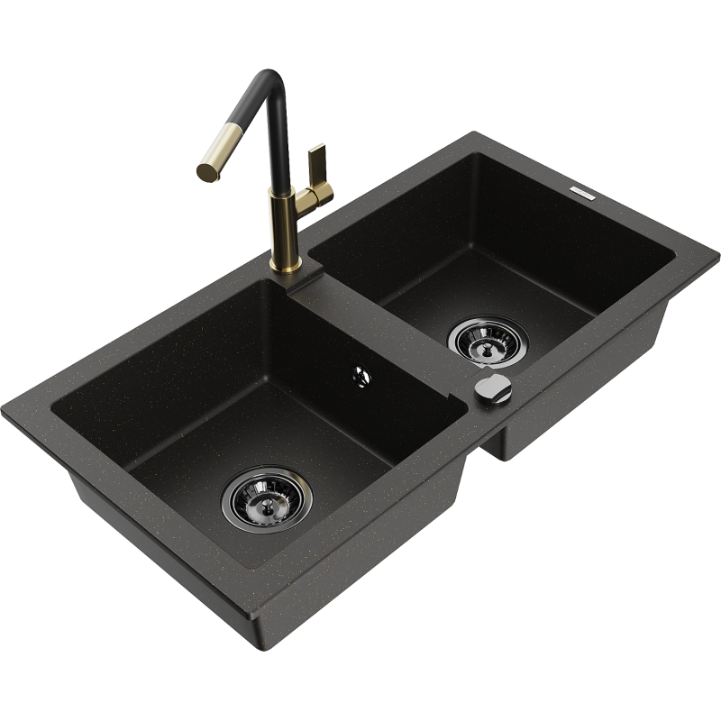 Mexen Mario granite sink 2-chamber with Flora kitchen tap, black/gold metallic - 6504-75-670401-57-B