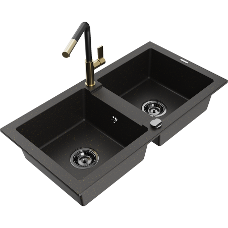 Mexen Mario 2-bowl granite sink with Flora kitchen faucet, black/gold metallic - 6504-75-670401-57-B