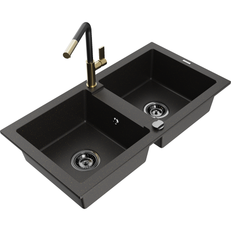 Mexen Mario granite kitchen sink 2-bowl with Flora kitchen faucet, black/gold metallic - 6504-75-670401-57-B