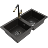 Mexen Mario 2-bowl granite sink with Flora kitchen faucet, black/gold metallic - 6504-75-670401-57-B