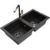 Mexen Mario granite kitchen sink 2-bowl with Flora kitchen faucet, black/gold metallic - 6504-75-670401-57-B