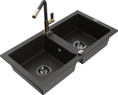 Mexen Mario granite kitchen sink 2-bowl with Flora kitchen faucet, black/gold metallic - 6504-75-670401-57-B