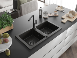 Mexen Mario 2-compartment granite sink with a kitchen mixer tap Flora, Black/Gold metallic - 6504-75-670401-70-B