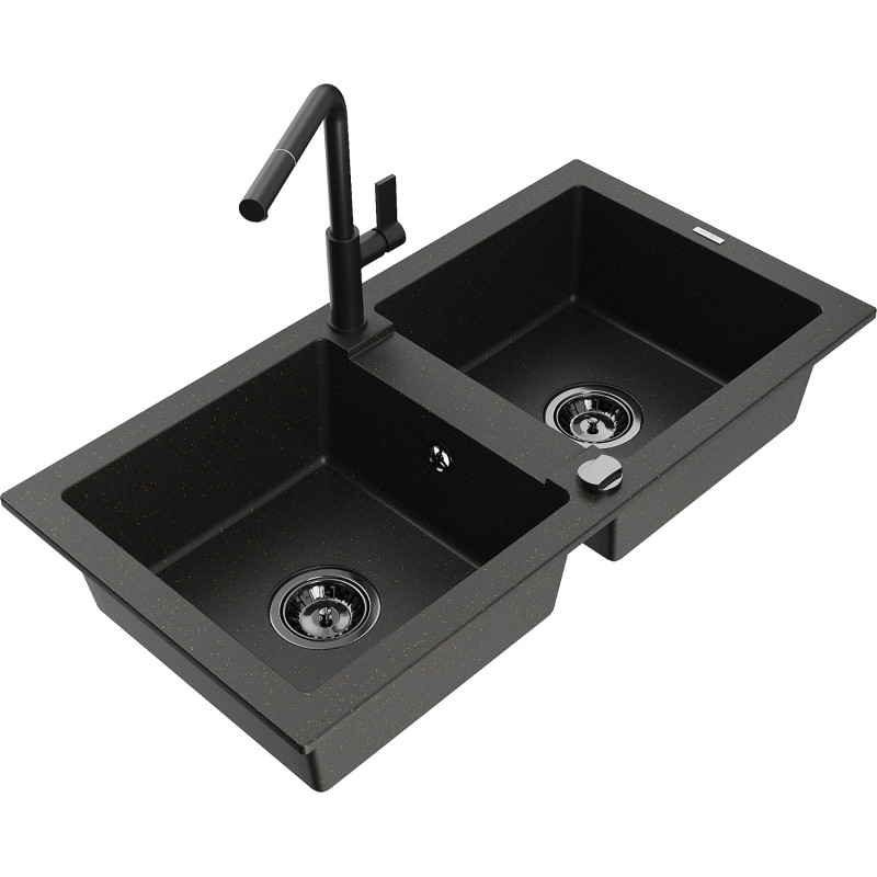 Mexen Mario 2-bowl granite kitchen sink with Flora faucet, black/gold metallic - 6504-75-670401-70-B