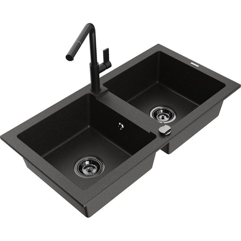 Mexen Mario 2-compartment granite sink with a kitchen mixer tap Flora, Black/Gold metallic - 6504-75-670401-70-B