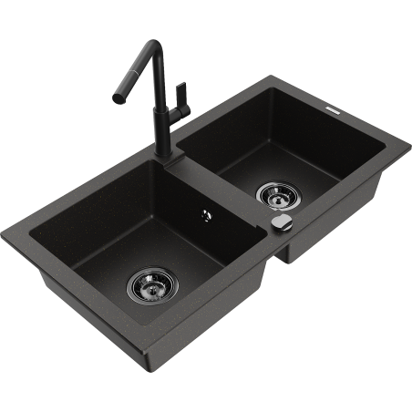 Mexen Mario 2-bowl granite kitchen sink with Flora faucet, black/gold metallic - 6504-75-670401-70-B