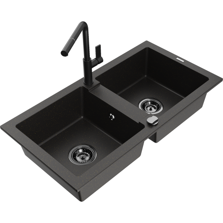 Mexen Mario granite double-bowl sink with Flora kitchen tap, black/gold metallic - 6504-75-670401-70-B