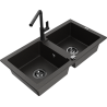 Mexen Mario granite double-bowl sink with Flora kitchen faucet, black/gold metallic - 6504-75-670401-70-B