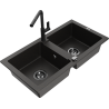 Mexen Mario granite double-bowl sink with Flora kitchen tap, black/gold metallic - 6504-75-670401-70-B