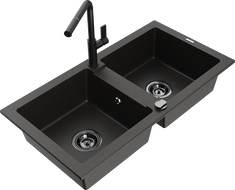 Mexen Mario granite double-bowl sink with Flora kitchen faucet, black/gold metallic - 6504-75-670401-70-B