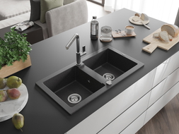 Mexen Mario granite double-bowl kitchen sink with Flora faucet, speckled black - 6504-76-670401-00