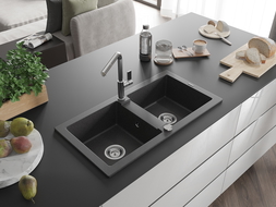 Mexen Mario granite kitchen sink 2-bowl with Flora kitchen tap, black speckled - 6504-76-670401-00