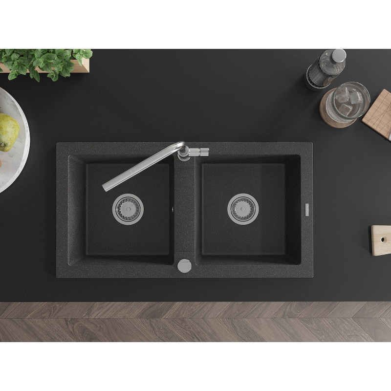 Mexen Mario granite double-bowl kitchen sink with Flora faucet, speckled black - 6504-76-670401-00