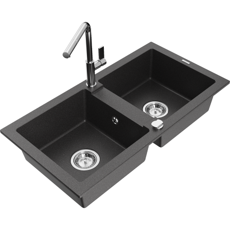 Mexen Mario granite double-bowl kitchen sink with Flora faucet, speckled black - 6504-76-670401-00
