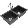 Mexen Mario granite double-bowl kitchen sink with Flora faucet, speckled black - 6504-76-670401-00