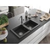 Mexen Mario granite double-bowl sink with Flora kitchen faucet, black speckled - 6504-76-670401-07