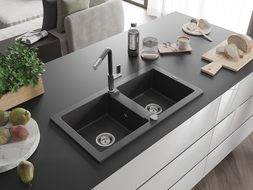 Mexen Mario 2-bowl Granite Kitchen Sink with Flora Tap, Black Speckled - 6504-76-670401-07