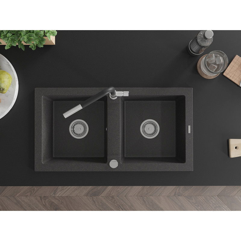 Mexen Mario 2-bowl Granite Kitchen Sink with Flora Tap, Black Speckled - 6504-76-670401-07