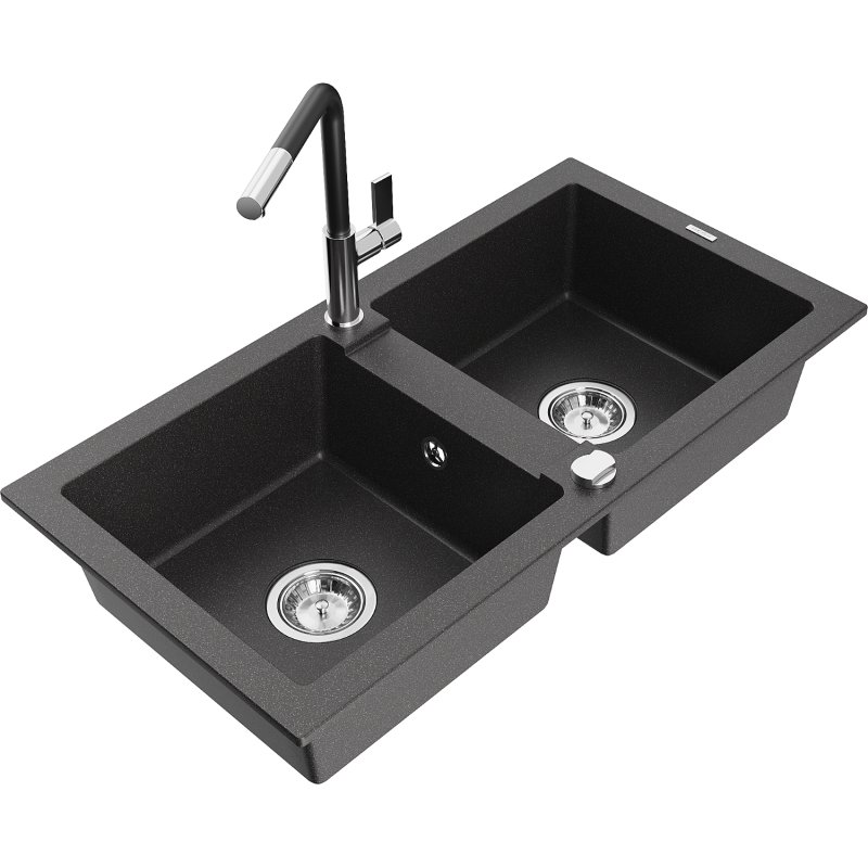 Mexen Mario 2-bowl Granite Kitchen Sink with Flora Tap, Black Speckled - 6504-76-670401-07
