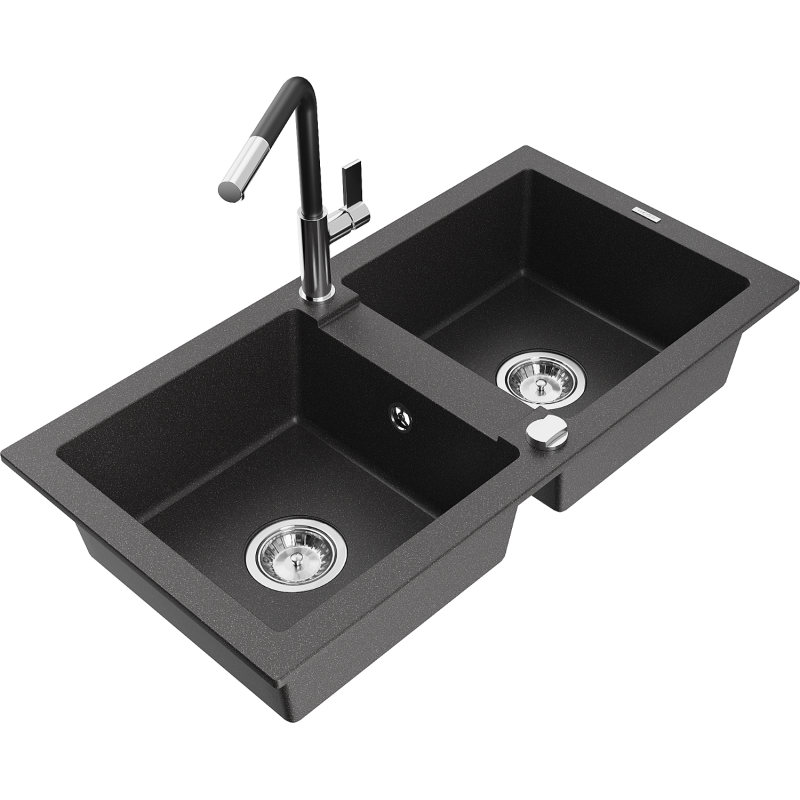 Mexen Mario 2-compartment granite sink with a kitchen mixer tap Flora, spotted black - 6504-76-670401-07
