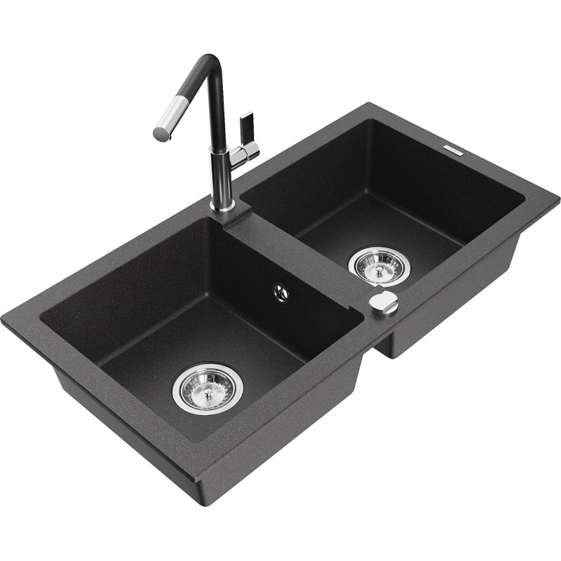 Mexen Mario granite double-bowl kitchen sink with Flora faucet, speckled black - 6504-76-670401-07