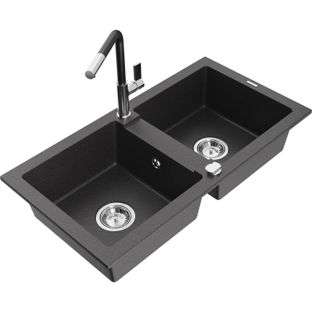 Mexen Mario 2-bowl Granite Kitchen Sink with Flora Tap, Black Speckled - 6504-76-670401-07